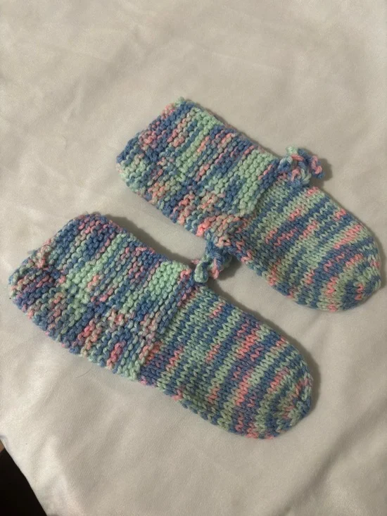 Handmade Kids Knit Slippers in Pastel Blue, Pink & Green size 4 - Picture 3 of 4